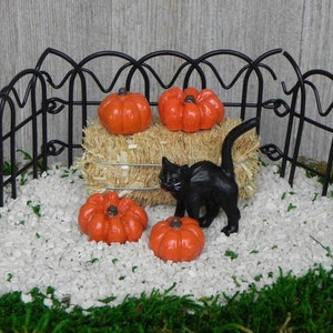 Miniature Black Cat Halloween miniature hay bale, Spooky Black Cat, Miniature Black Fence, Miniature Pumpkins, Halloween Miniatures