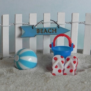 Beach Garden Miniatures, fairy garden accessories, mini bucket pail, flip flops sandals, arrow sign, wedding cake topper coastal theme