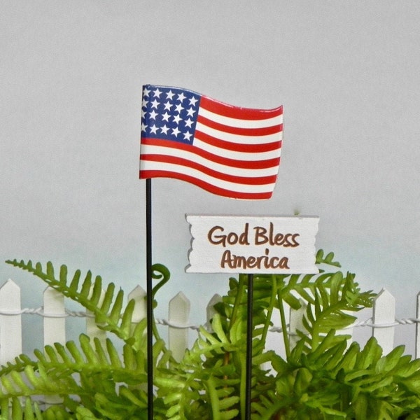 Fairy Garden Accessories Sign God Bless America miniature 4th of July sign, miniature USA flag, Items sold separately or as a set