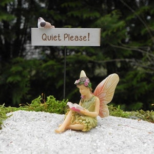 Fairy Garden Miniatures Book-Reading Fairy, handmade wooden sign Quiet Please! fairy garden accessories