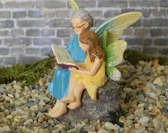 Grandma and Child Fairy Mini Figurine, reading with Grandma, Grandmother Gift, Miniature Grammie's Sign, fairy garden accessories,