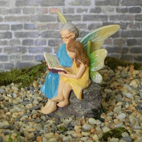 Grandma and Child Fairy Mini Figurine, reading with Grandma, Grandmother Gift, Miniature Grammie's Sign, fairy garden accessories,