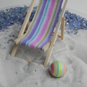 Miniature Beach Ball, miniature deck chair, small coastal garden accessories, fairy garden miniatures, wedding decor cake topper, pastel