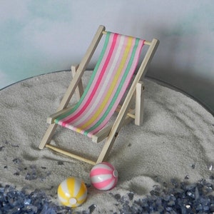 Miniature Beach Deck Chair, pastel stripe, miniature beach ball, miniatures for coastal garden, wedding cake topper decor or fairy garden