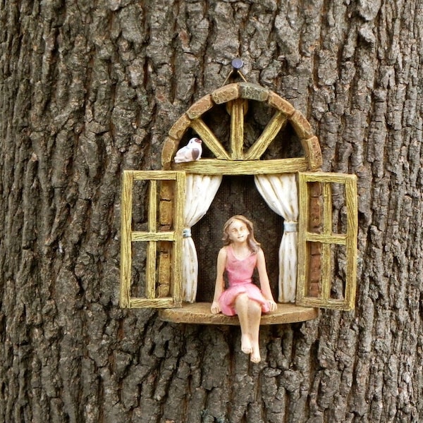 Miniature garden GIRL no wings - mini garden accessory - Girl sitting in miniature window, accessory for fairy garden
