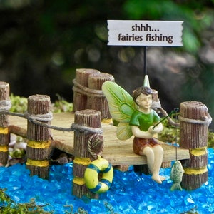 Fairy Garden Dock, Lakeside boat dock, miniature fishing boy fairy with fishing pole and fish, fairy garden miniature sign, starter kit image 1