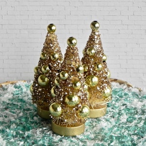 Miniature Christmas trees, mini tree, bottle brush tree, retro vintage look gold beads, gold glitter, 2.75 inches tall, fairy garden village