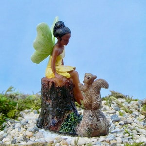 Fairy African American, Making Friends Fairy, miniature squirrel, fairy garden accessories, fairy garden miniatures, fairy garden miniature