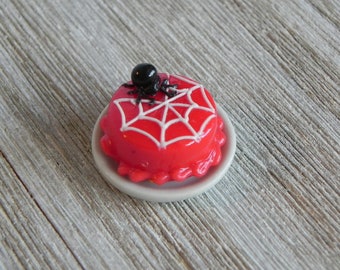 Miniature Halloween Cake ceramic Plate, dollhouse miniatures, fairy garden accessories, tiny spider web frosted cake, Halloween miniatures