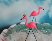 Miniature Flamingo Fairy Garden - beach scene - cake topper - miniature garden - terrarium - fairy accessories - flamingo with crown