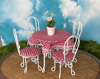 Miniature Bistro Set, Ice Cream Parlor Table & 4 Chairs, Dollhouse Furniture, Fairy Garden Accessories