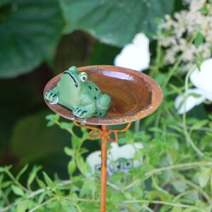 May include: A green frog figurine sits in a small, rusty-brown bird bath. The bird bath is supported by a thin, orange metal stand. The background features green foliage and white flowers, creating a natural garden scene.