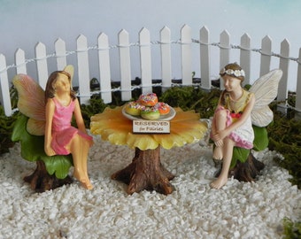 Fairy Garden Table Chairs Furniture flower bistro set, donuts plate, sitting friend fairies, mini accessories