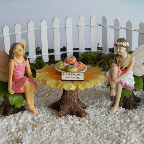 Fairy Garden Table Chairs Furniture flower bistro set, donuts plate, sitting friend fairies, mini accessories