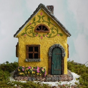 Fairy Cottage House - accessories - Miniature resin yellow fairy garden supply - hinged door opens and closes