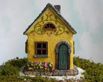 Fairy Cottage House - accessories - Miniature resin yellow fairy garden supply - hinged door opens and closes