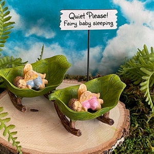 Miniature Cradle Fairy Baby, fairy garden accessories, shhh...fairies sleeping sign, terrarium mini, cake topper baby shower fairy pink blue