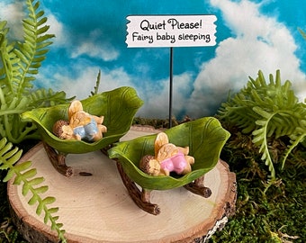 Miniature Cradle Fairy Baby, fairy garden accessories, shhh...fairies sleeping sign, terrarium mini, cake topper baby shower fairy pink blue