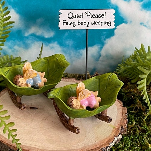 Miniature Cradle Fairy Baby, fairy garden accessories, shhh...fairies sleeping sign, terrarium mini, cake topper baby shower fairy pink blue