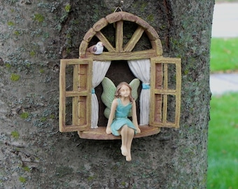 Window Sitting Fairy, blue dress, tree trunk mount, fairy garden miniatures, fairy garden accessories