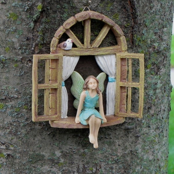 Window Sitting Fairy, blue dress, tree trunk mount, fairy garden miniatures, fairy garden accessories