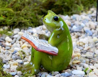 Miniature Frog Fairy Garden Accessory, miniature white bench, accessories for terrarium, miniatures, figurine, reading book