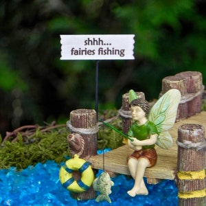 Fairy Garden Dock, Lakeside boat dock, miniature fishing boy fairy with fishing pole and fish, fairy garden miniature sign, starter kit image 4