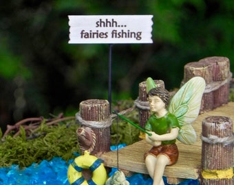 Fairy Garden Dock, Lakeside boat dock, miniature fishing boy fairy with  fishing pole and fish, fairy garden miniature sign, starter kit