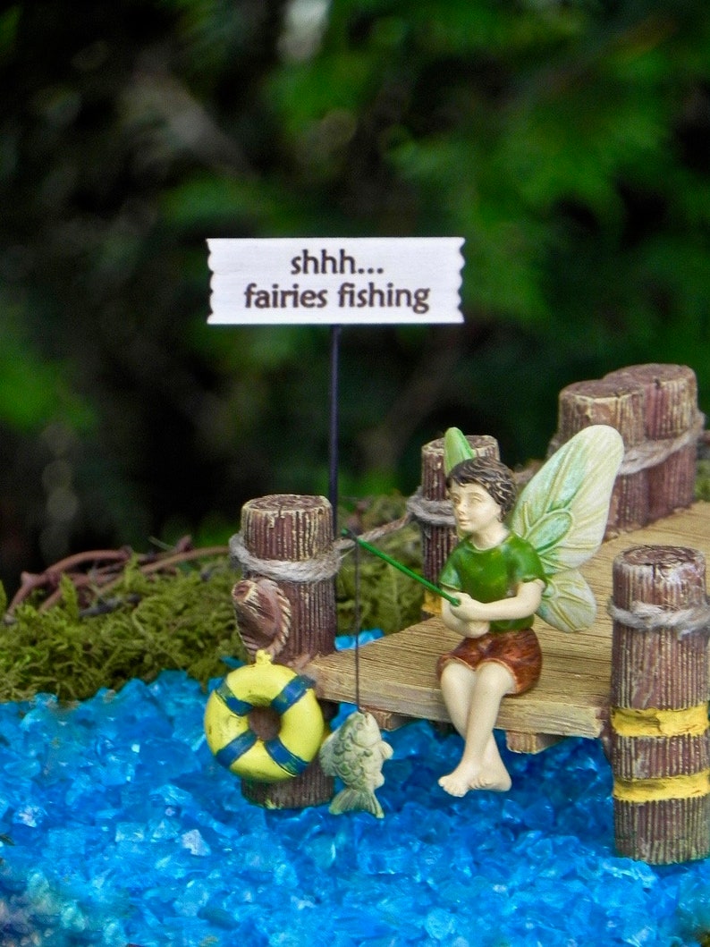 Fairy Garden Dock, Lakeside boat dock, miniature fishing boy fairy with fishing pole and fish, fairy garden miniature sign, starter kit image 4