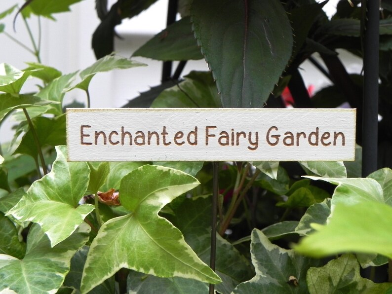 Op de afbeelding: Een rechthoekig houten bord met de tekst "Enchanted Fairy Garden" in bruine letters. Het bord is wit met een verweerde afwerking en staat tussen groen en wit gevlekt klimop.