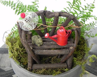 Fairy Garden Twig Bench - miniature with red water can bunny and hat, handcrafted fairy garden accessories miniatures