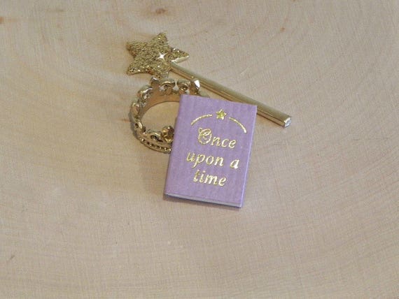 Fairy Tale Garden miniatures, miniature book crown wand, mini fairy garden accessories, mini princess gold crown, fantasy garden minis