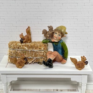 Fairy Pixie Squirrel, Miniature Garden Accessories, Hay Bale, Autumn Fall Display Diorama, Figurine