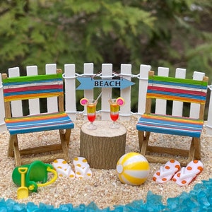Beach Garden Miniatures, fairy garden accessories, beach bucket, flip flops, ball, beach chair, beach sign, wedding cake topper coastal