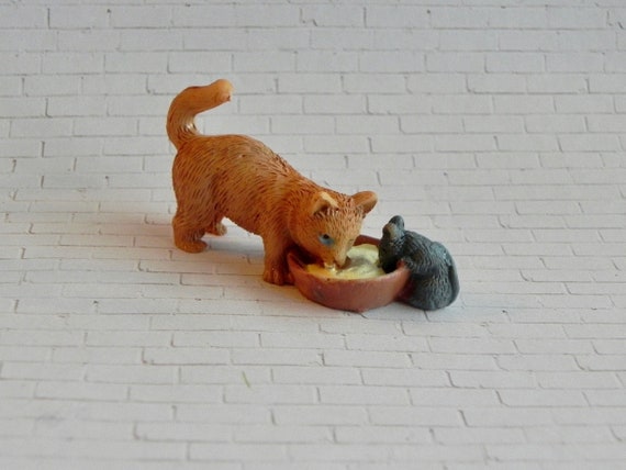 Miniature Cat Mouse Drinking Milk, Fairy Garden Accessories