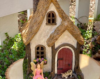Fairy House Large, Hinged Door Opens , Pink Petunia Cottage