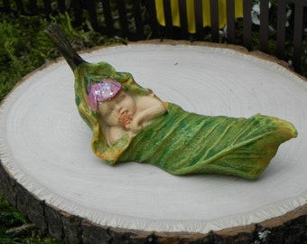 Fairy Garden Accessories Baby sleeping in leaf - terrarium supplies - fairy garden supply - miniature sleeping fairy baby - baby shower