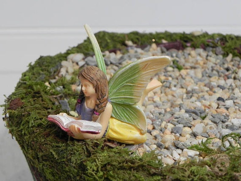 May include: A miniature fairy figurine with brown hair and green and yellow wings, reading a book. The fairy is seated on a bed of moss and small stones, creating a whimsical garden scene. The fairy is wearing a blue top and yellow skirt.