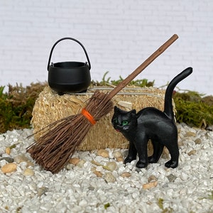 Halloween Miniatures, miniature black cat, miniature witch broom, miniature cauldron, miniature hay bale, miniature pumpkin