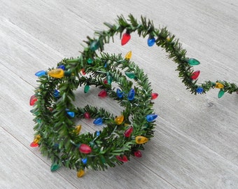 Miniature Christmas Garland, artificial pine wired roping with Colored Bulbs for dollhouse, fairy garden, or craft project, non electric