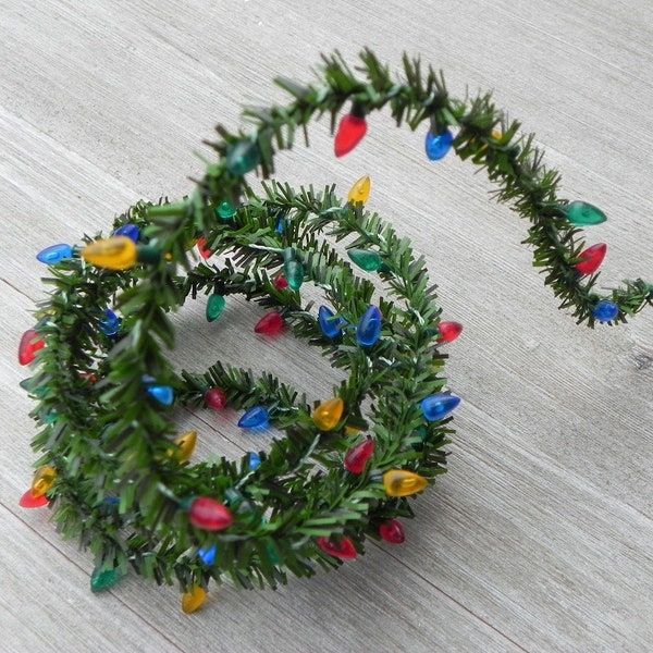 Miniature Christmas Garland, artificial pine wired roping with Colored Bulbs for dollhouse, fairy garden, or craft project, non electric