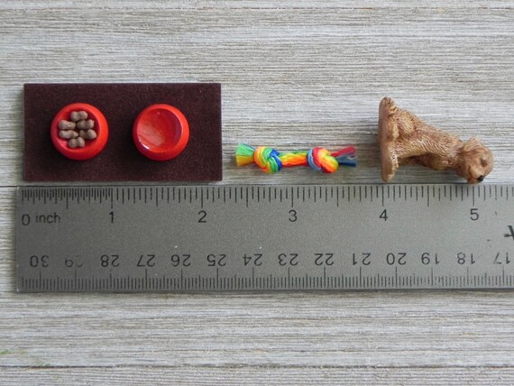 pretend food & water on mat Dollhouse Miniatures Handcrafted set dog dishes 