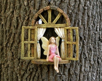 Fairy Garden Accessories Window with sitting FAIRY with pink dress - miniature garden accessory - window for tree stump
