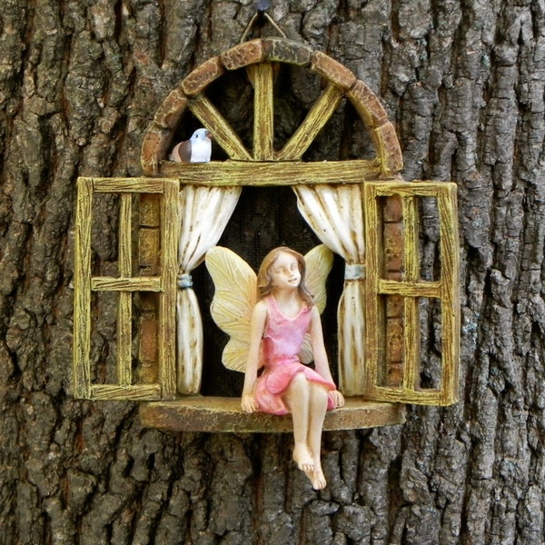 Fairy Garden Accessories Window with sitting FAIRY with pink dress - miniature garden accessory - window for tree stump