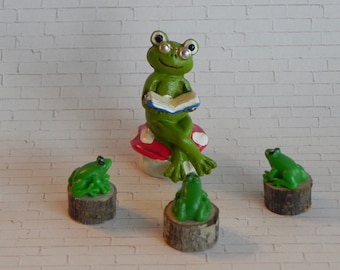 Miniature Frogs, fairy garden accessories, tiny frogs, miniatures for terrarium, reading frog, frog with book sitting on mushroom