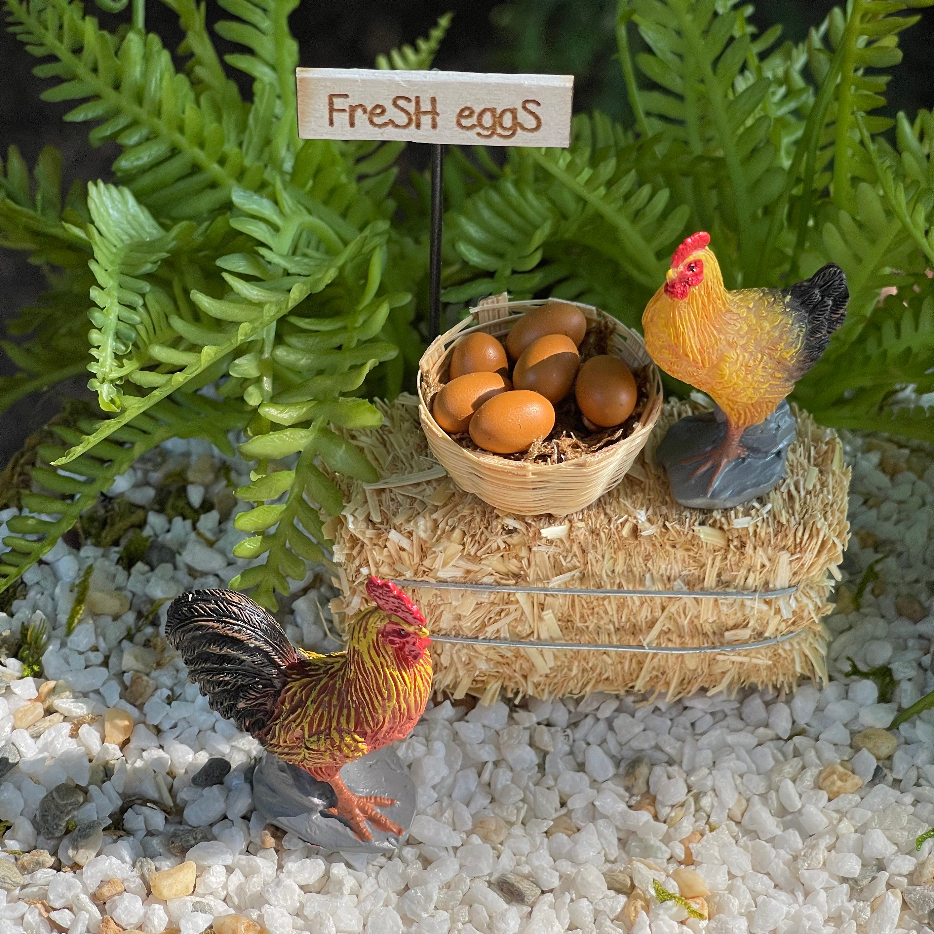 Miniature Chicken Rooster, Egg Basket, Real Straw Hay Bale, Fairy Garden  Accessories, Basket of Egg, Diorama, Hen for Dollhouse Minis 