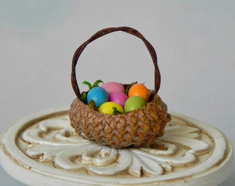 Miniature Acorn Cap Easter Basket with colorful eggs, Easter Miniatures, Mini Easter Basket, fairy garden accessories