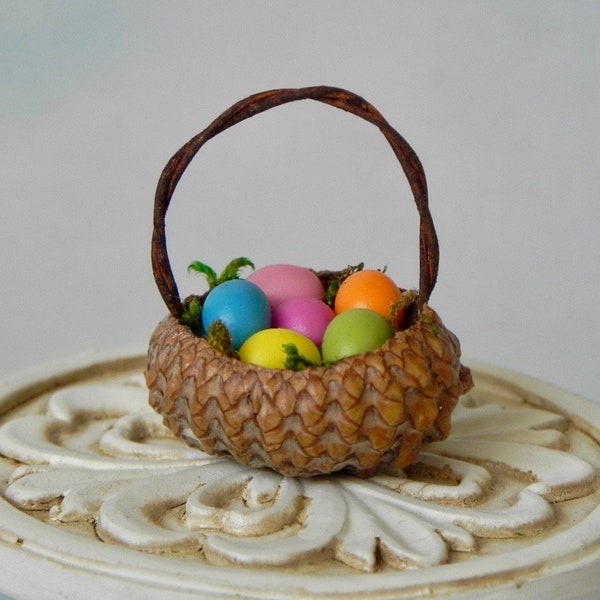 Miniature Acorn Cap Easter Basket with colorful eggs, Easter Miniatures, Mini Easter Basket, fairy garden accessories