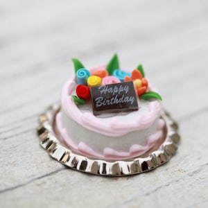 Miniature Birthday Cake on plate, Happy Birthday Cake, dollhouse miniatures, fairy garden accessories, miniature cake, non-edible, fake cake