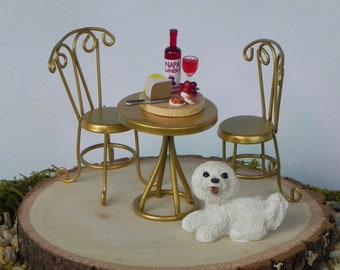 Fairy Garden Furniture Table Chairs, wine, cheese, Fairy food, fairy garden accessories, miniature Bichon Dog